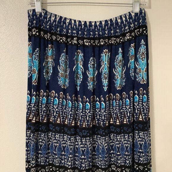Bohemian Festival Blue Floral Boho Hippie Stretchy Casual Summer Midi Skirt Med - Picture 5 of 8